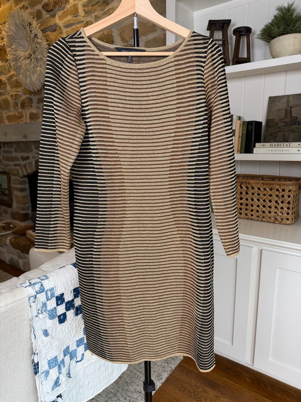 ✨🤎 Ming Wang Metallic Stripe Knit Shift Dress | Size PS | Gold Brown Dress